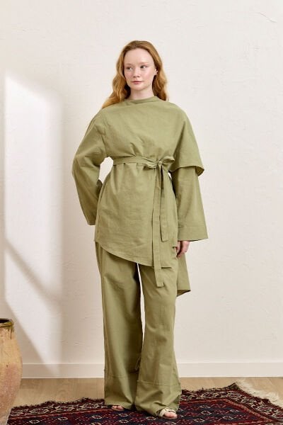 Haki Organik Keten Double Paça Pantolon