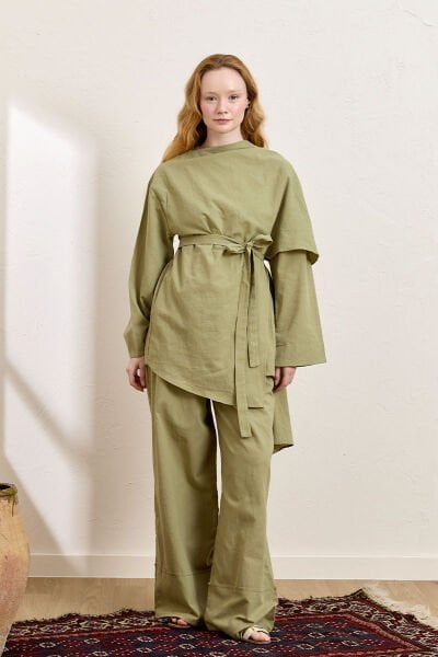 Haki Organik Keten Double Paça Pantolon