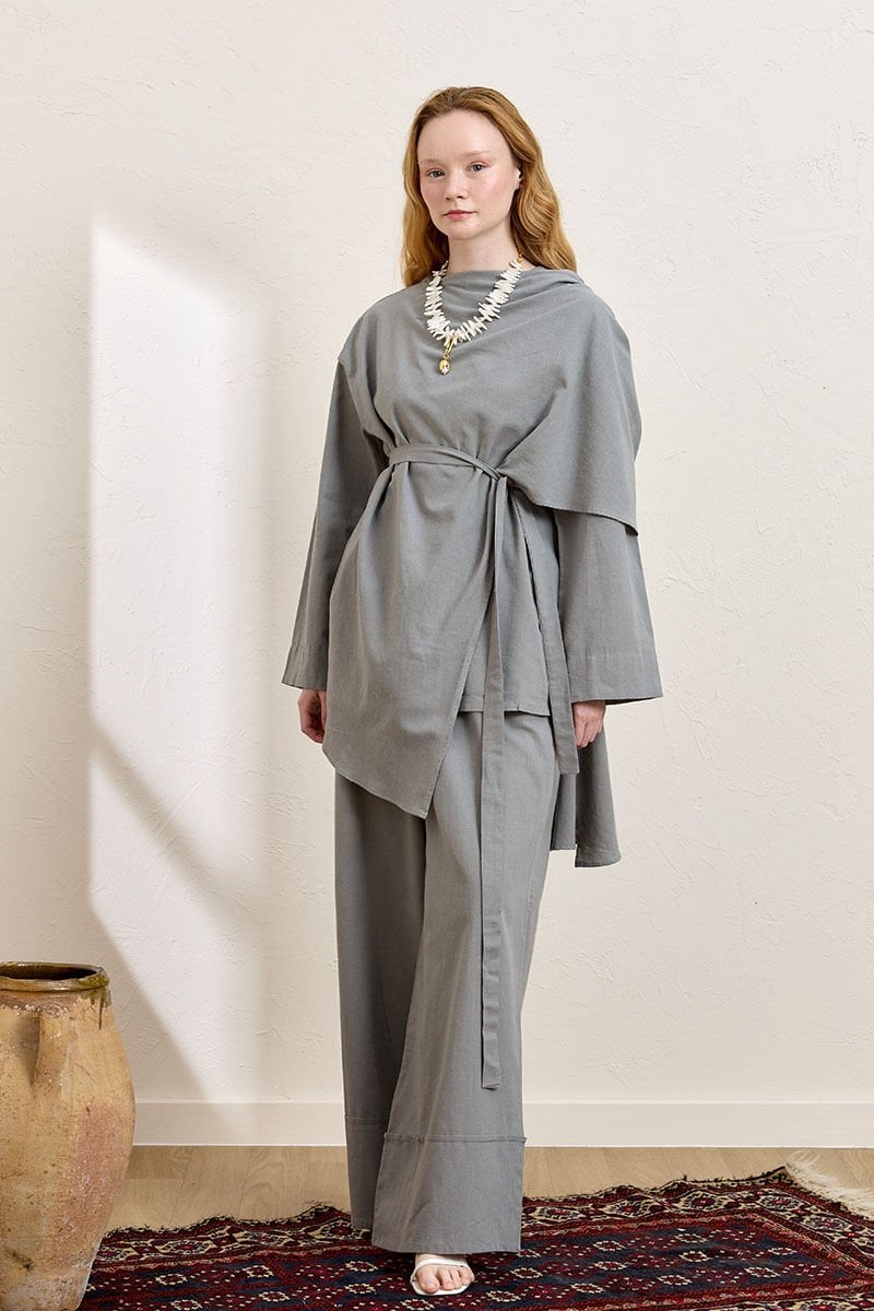 Gri Organik Keten Double Paça Pantolon