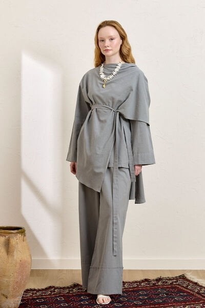 Gri Organik Keten Double Paça Pantolon