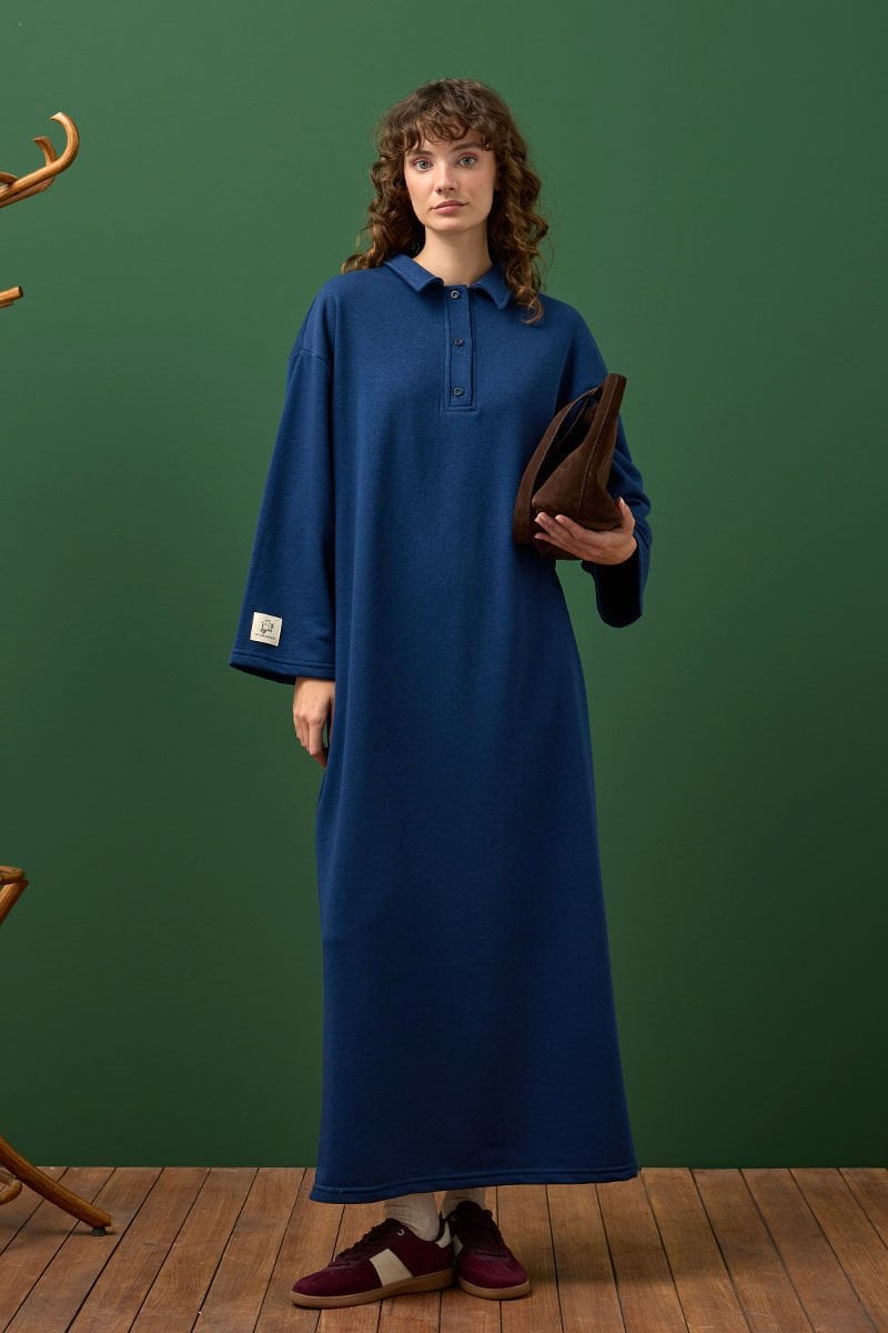 İndigo 3 İplik Polo Yaka Elbise