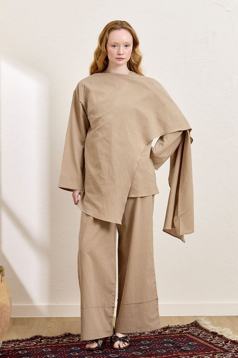 Karamel Organik Keten Double Paça Pantolon