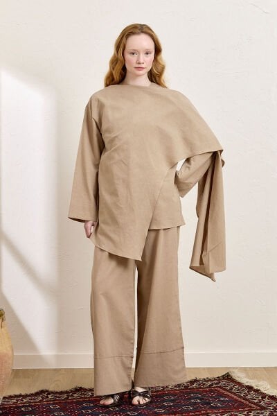 Karamel Organik Keten Double Paça Pantolon