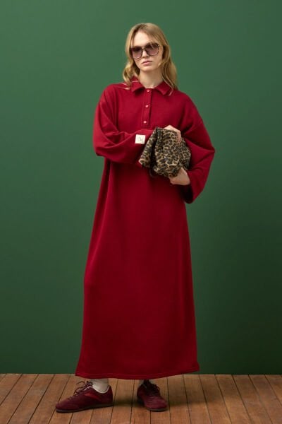 Bordo 3 İplik Polo Yaka Elbise