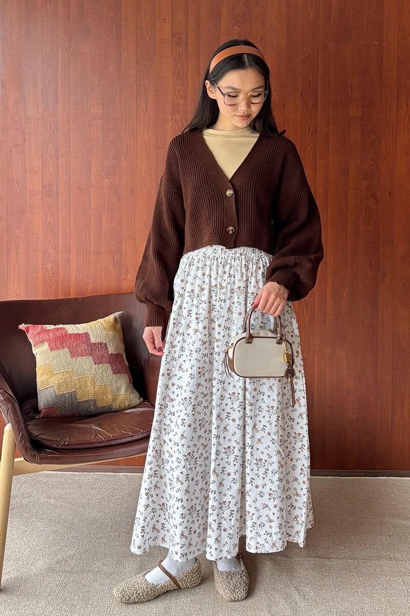 Acı Kahve Balon Kol Triko Hırka & Çıtır Çiçek Balon Etek Takım