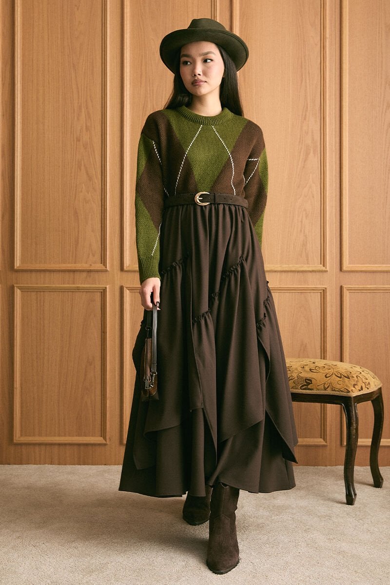 Zeytin Yeşili Baklava Desen Triko Kazak & Acı Kahve Poliviskon Bohem Kat Etek Takım