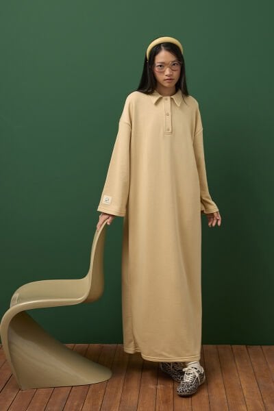 Bej 3 İplik Polo Yaka Elbise