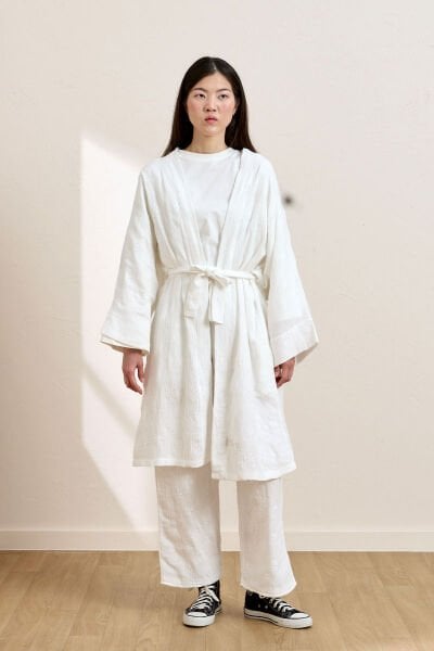 Beyaz Fistolu Müslin Uzun Kimono