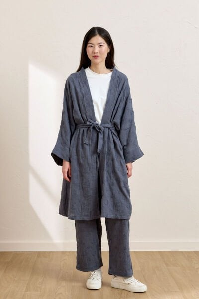 İndigo Fistolu Müslin Uzun Kimono