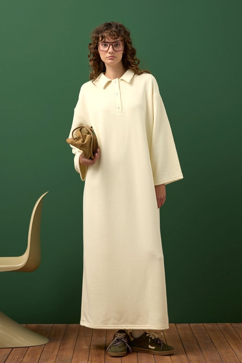 Ekru 3 İplik Polo Yaka Elbise