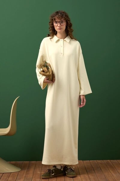 Tereyağ Sarısı 3 İplik Polo Yaka Elbise