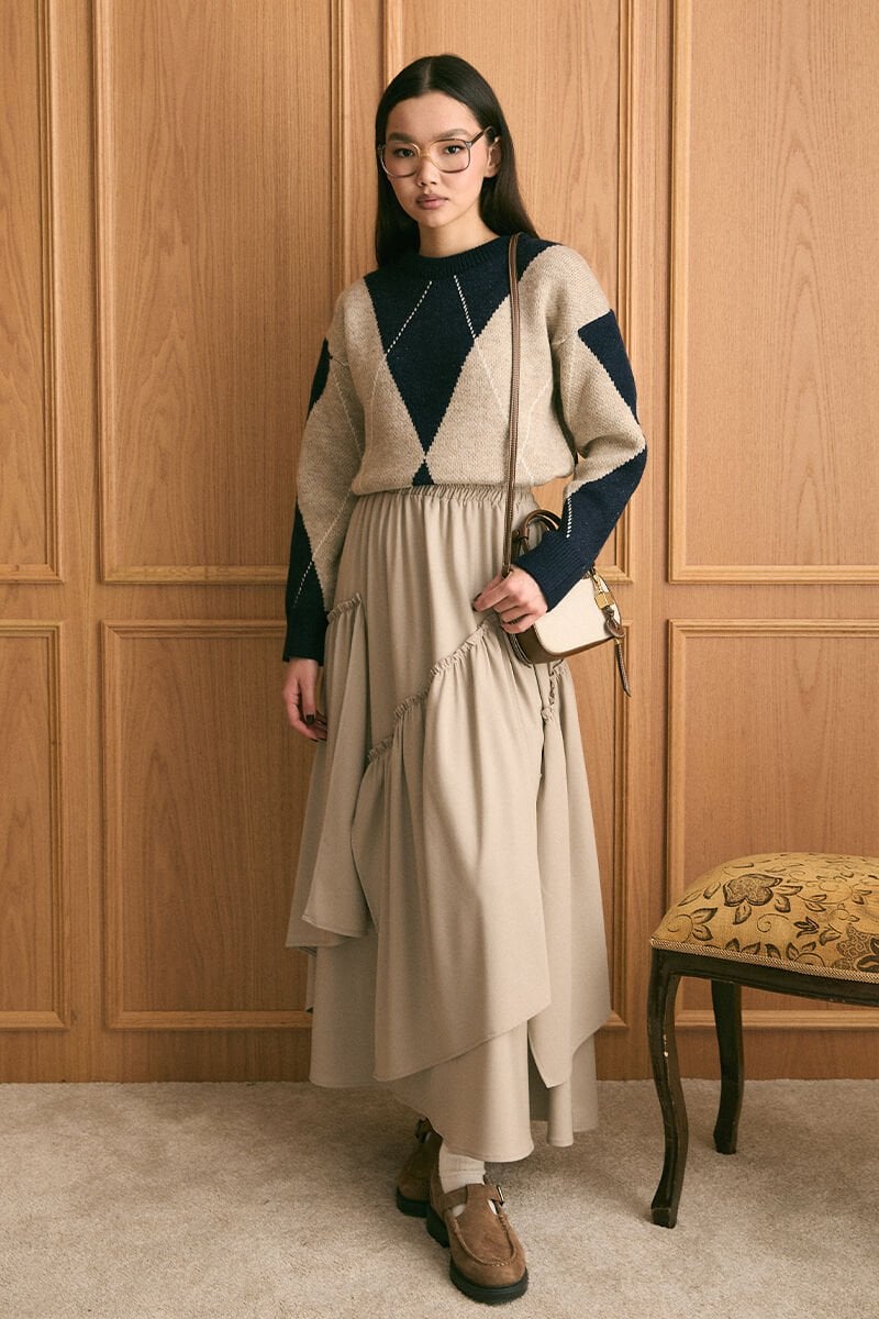 Vizon Baklava Desen Triko Kazak & Vizon Poliviskon Bohem Kat Etek Takım