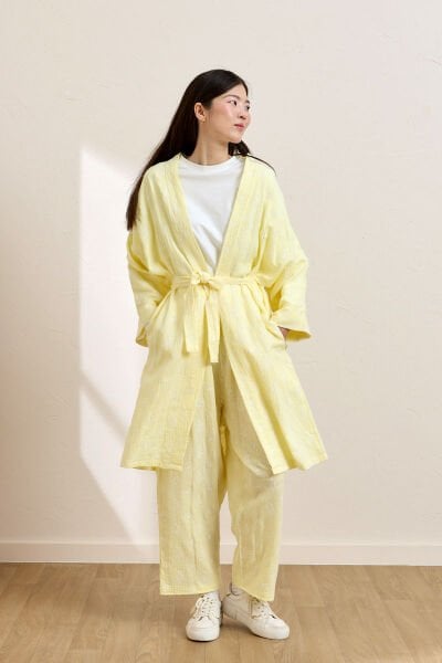 Limon Sarısı Fistolu Müslin Uzun Kimono