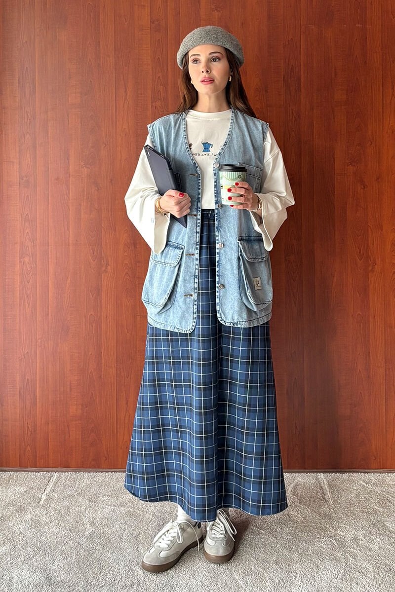 İndigo Ekose Kloş Etek