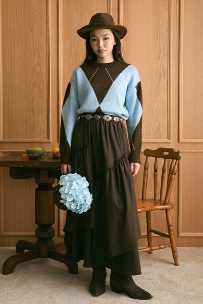 Bebe Mavisi Baklava Desen Triko Kazak & Acı Kahve Koton Bohem Kat Etek Takım