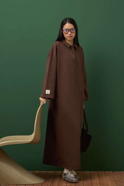 Çikolata 3 İplik Polo Yaka Elbise