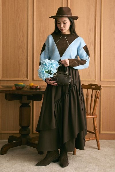 Bebe Mavisi Baklava Desen Triko Kazak & Acı Kahve Koton Bohem Kat Etek Takım