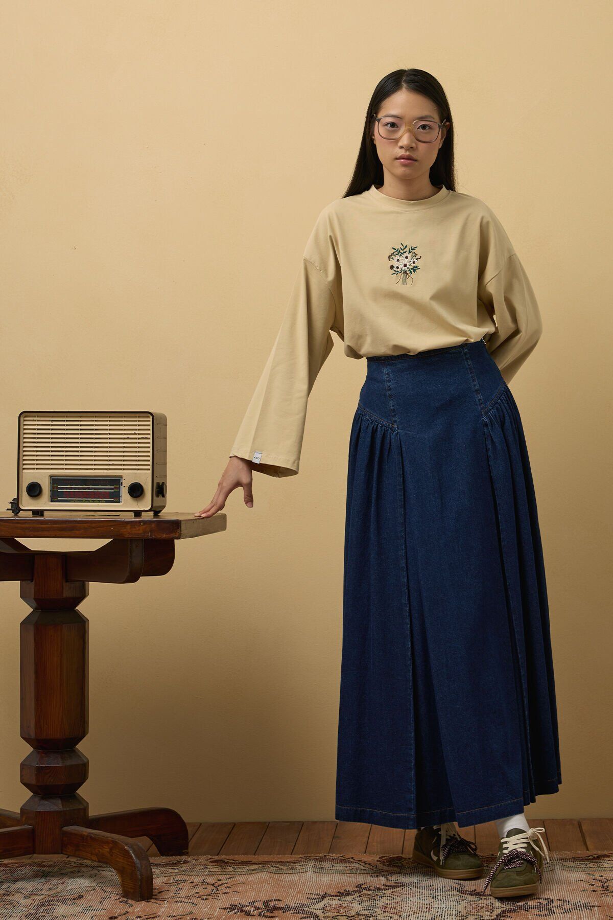 Bej Nakışlı Body & Kot Pile Detay Etek Takım