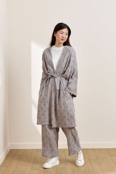 Gri Fistolu Müslin Uzun Kimono