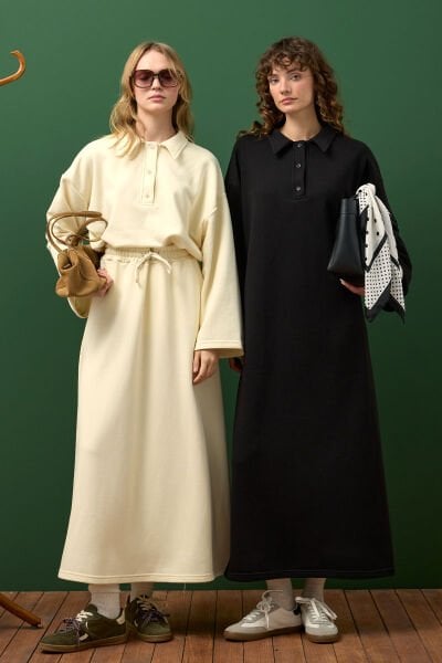 Siyah 3 İplik Polo Yaka Elbise