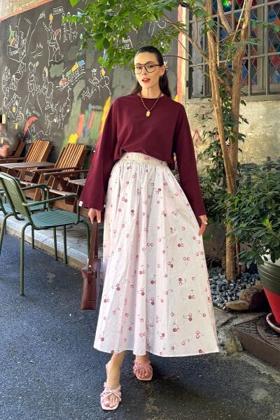 Pembe Kiraz Desen Balon Etek & Bordo Body Takım