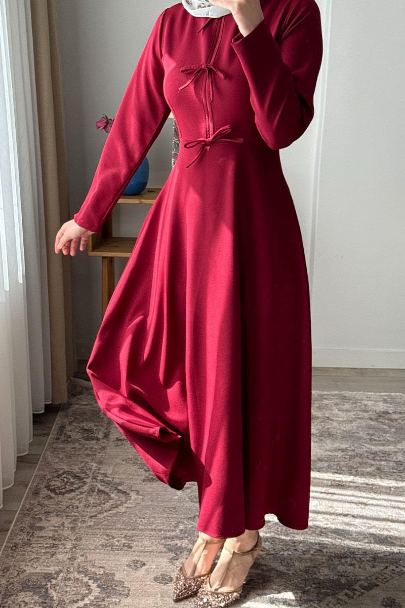 Bordo Fiyonk Detay Krep Elbise