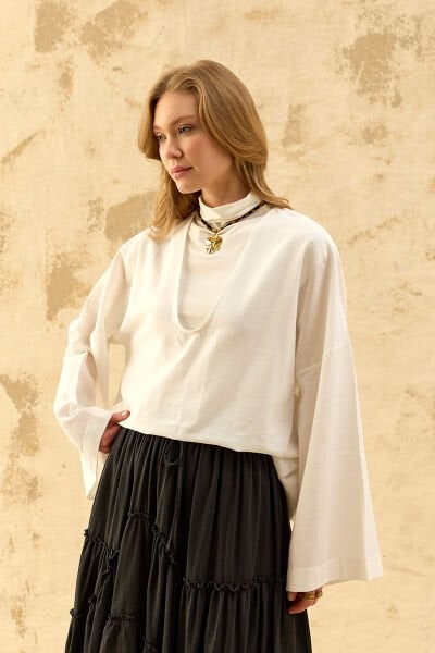 Beyaz Organik Keten V Yaka  Bluz