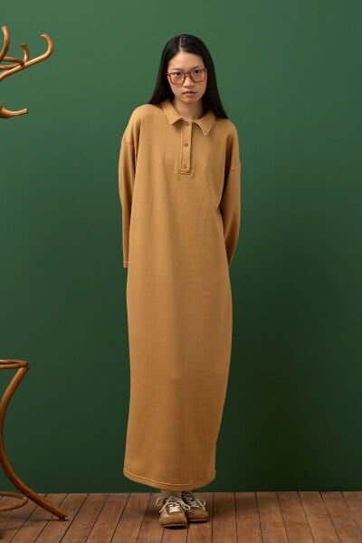 Karamel 3 İplik Polo Yaka Elbise