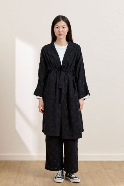 Siyah Fistolu Müslin Uzun Kimono