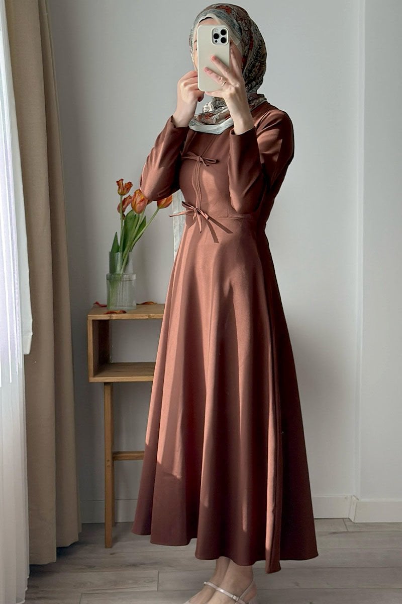 Acı Kahve Fiyonk Detay Krep Elbise