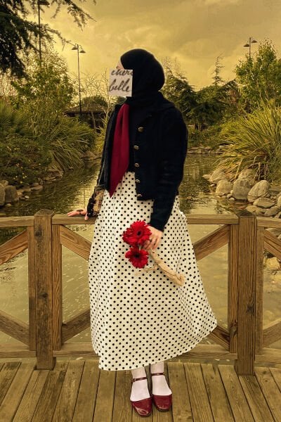 Beyaz Siyah Puantiyeli Keten Kloş Etek