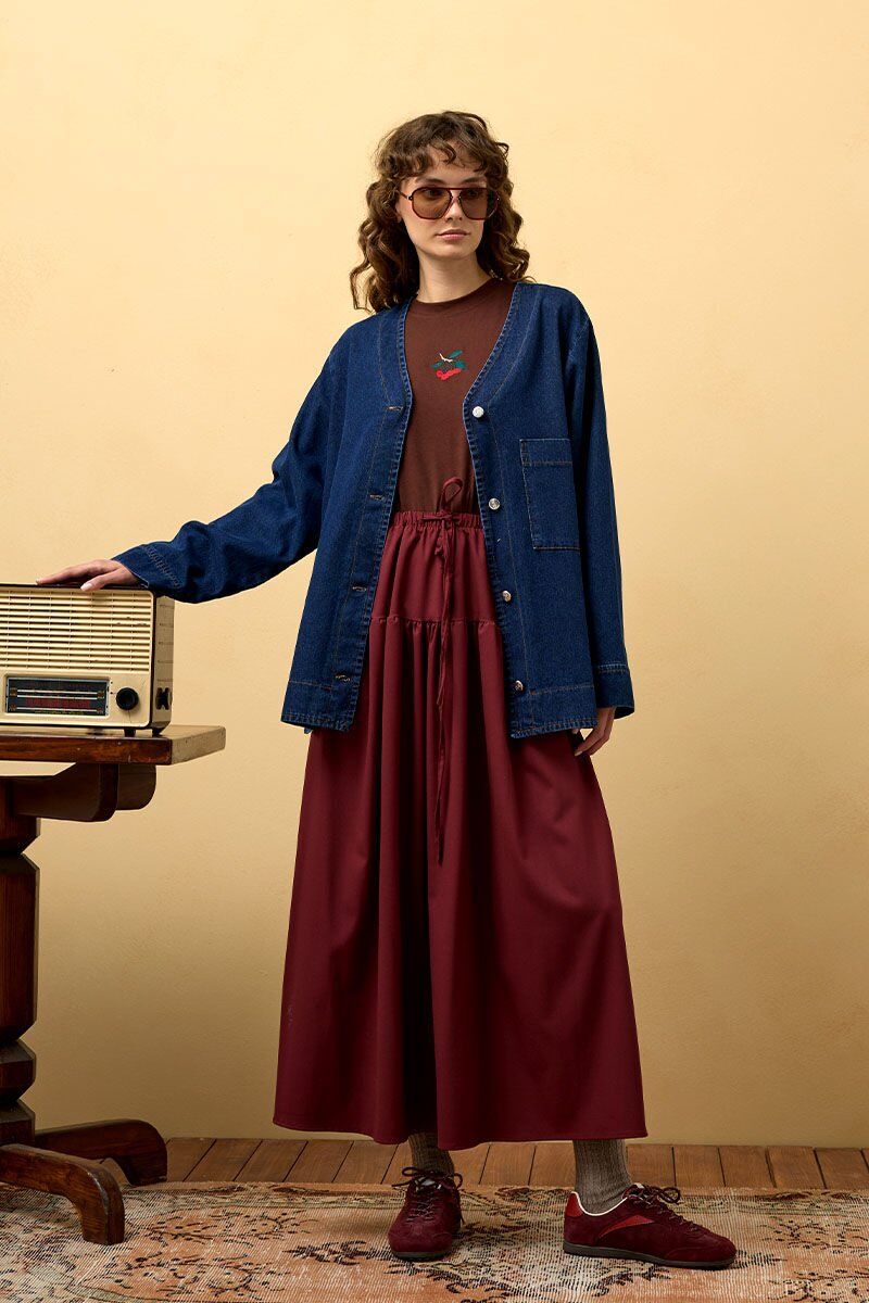 Kot Blazer Ceket & Bordo Fırfır Detay Poliviskon Etek Takım