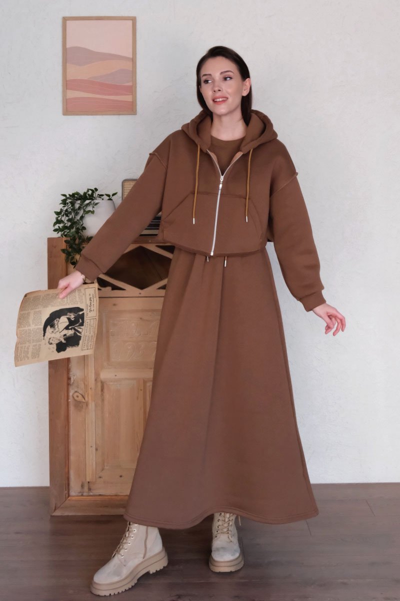 Sütlü Kahve 3 İplik Elbise & Hırka Takım