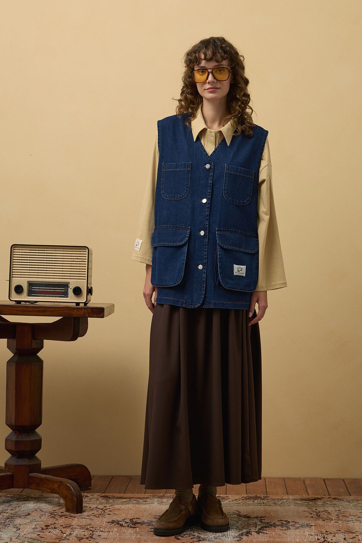 Kargo Cepli Kot Yelek & Acı Kahve Fırfır Detay Poliviskon Etek Takım