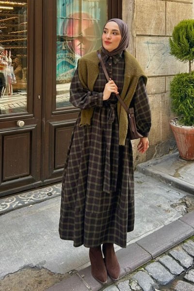 Acı Kahve Ekoseli Vintage Elbise