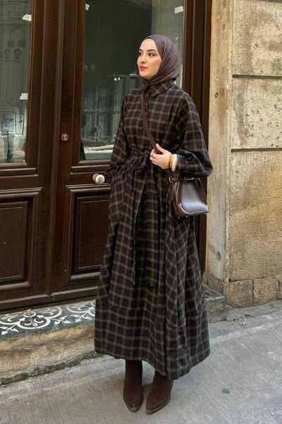 Acı Kahve Ekoseli Vintage Elbise