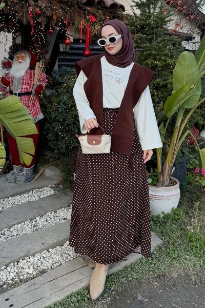 Acı Kahve Viskon Puantiye Detaylı Etek