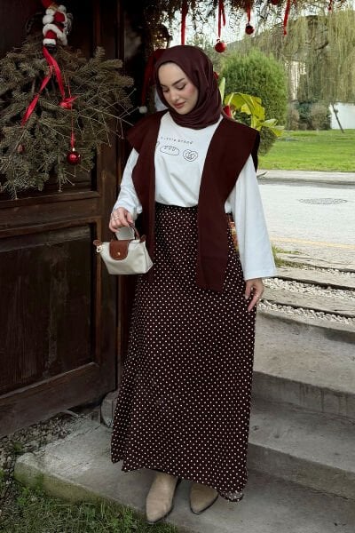 Acı Kahve Viskon Puantiye Detaylı Etek