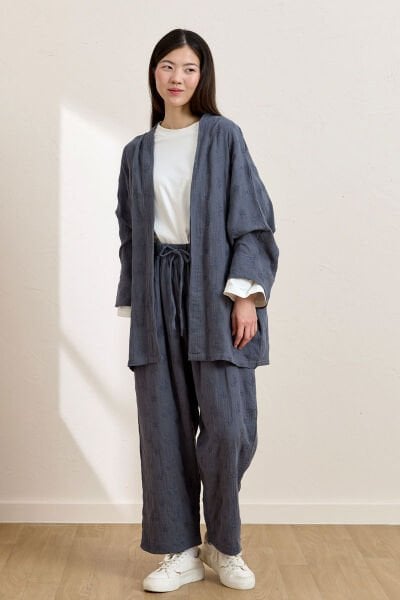İndigo Fistolu Müslin Kısa Kimono