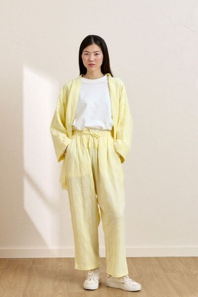 Limon Sarısı Fistolu Müslin Kısa Kimono
