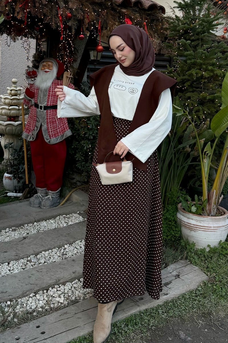 Ekru Little Bread Baskılı Basic Body & Acı Kahve Viskon Puantiye Detaylı Etek Takım