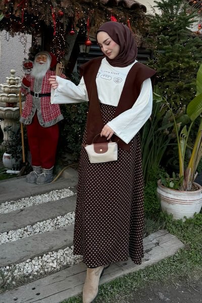 Ekru Little Bread Baskılı Basic Body & Acı Kahve Viskon Puantiye Detaylı Etek Takım