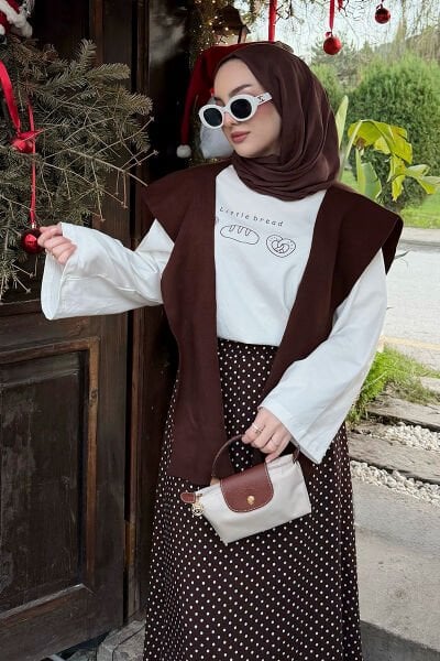 Ekru Little Bread Baskılı Basic Body & Acı Kahve Viskon Puantiye Detaylı Etek Takım