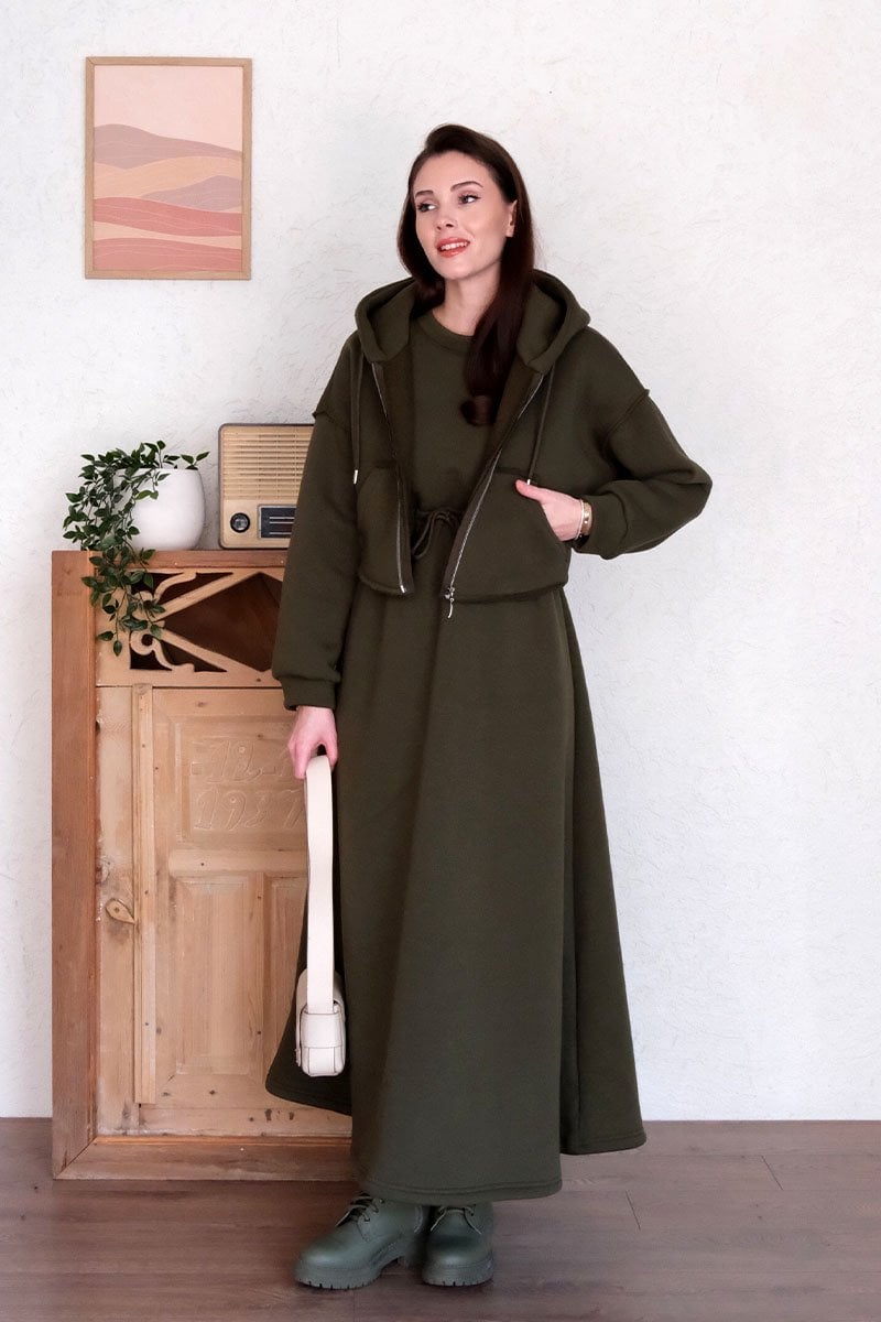 Haki 3 İplik Elbise & Hırka Takım