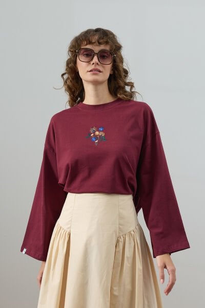 Bordo Nakışlı Body