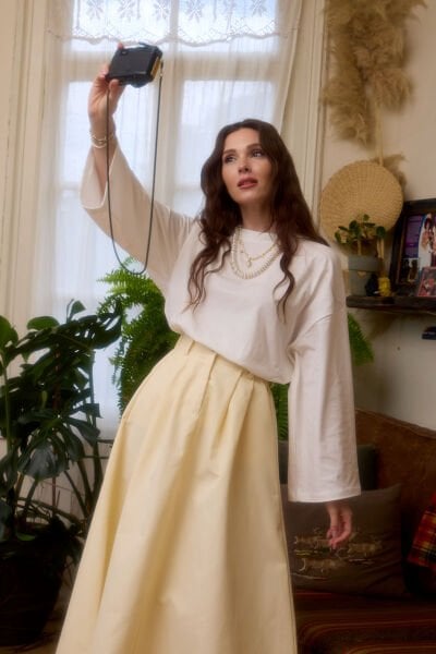 Tereyağ Sarısı Tek Düğmeli Keten Etek