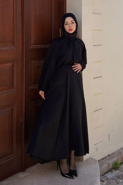 Siyah Krep İki Pileli Etek