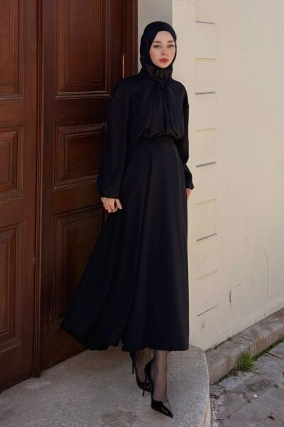 Siyah Krep İki Pileli Etek