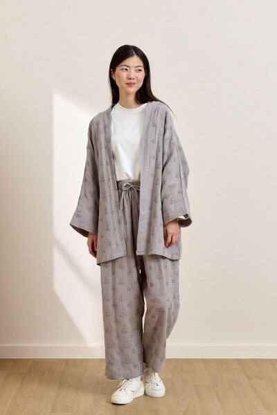 Gri Fistolu Müslin Kısa Kimono