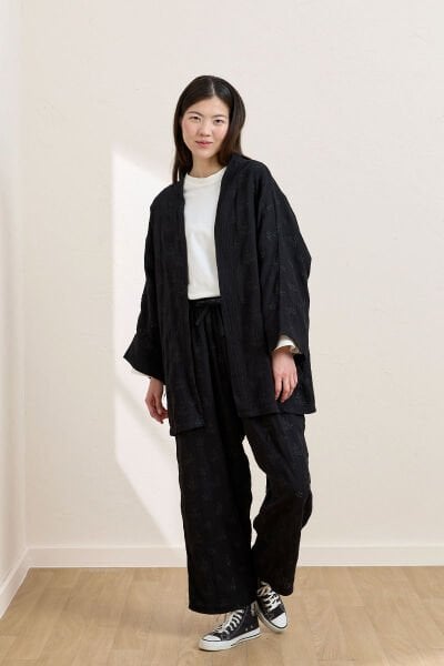 Siyah Fistolu Müslin Kısa Kimono